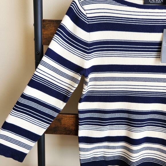 Lauren Ralph Lauren Women Ivory/Navy Striped Casual Knit Ribbed Sweater Size XXL - Picture 4 of 5